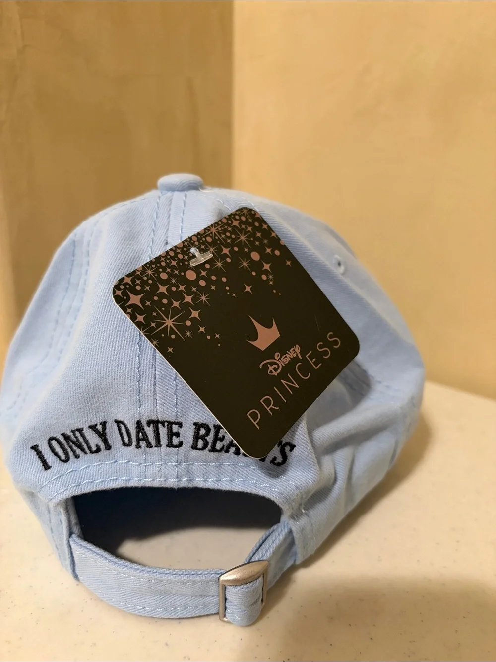 Disney Light Blue Baseball Cap with Red Rose and “I ONLY DATE BEASTS” Embroidery
